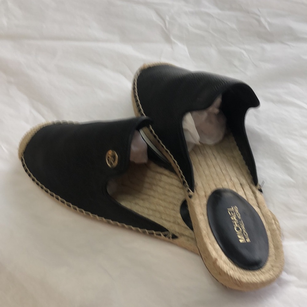 Michael Kors Black Leather Espadrille Slip-On Mules - Picture 2 of 5